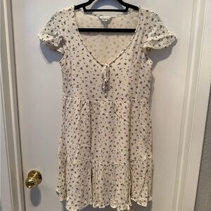 American Eagle Outfitters Cream Dress with Blue Floral Design and Cap Sleeves